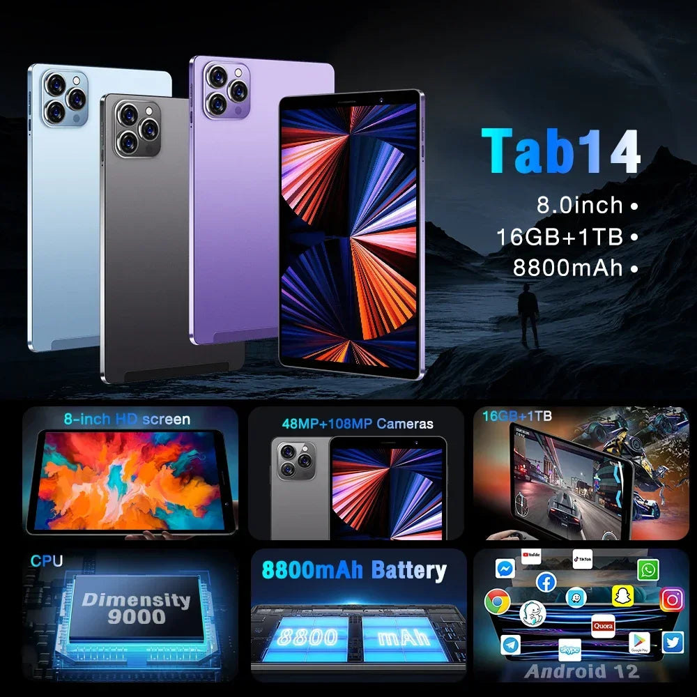 Android Tablet 8.0inch 16G+1TB 108MP Global 5G Dual SIM Card