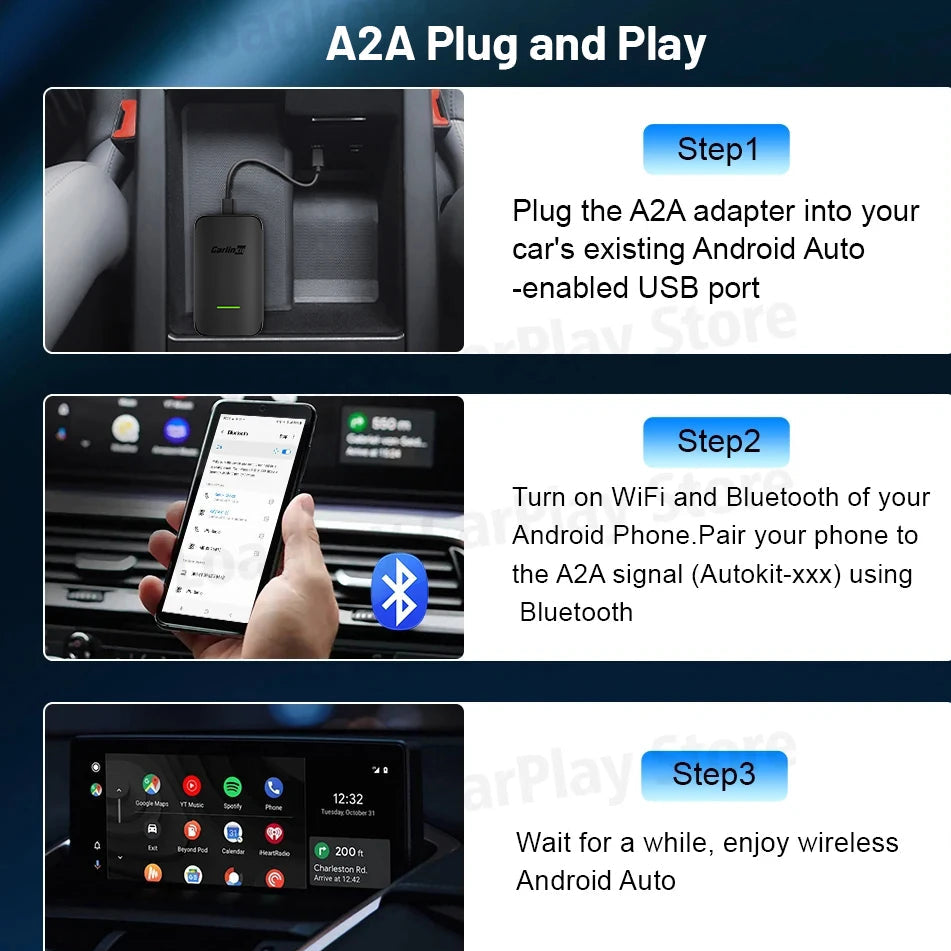 CarlinKit A2A Android Auto Wireless Adapter Dongle Android Ai Box Waze Spotify For 98% Car Auto Connect Music Map Bluetooth 5.0