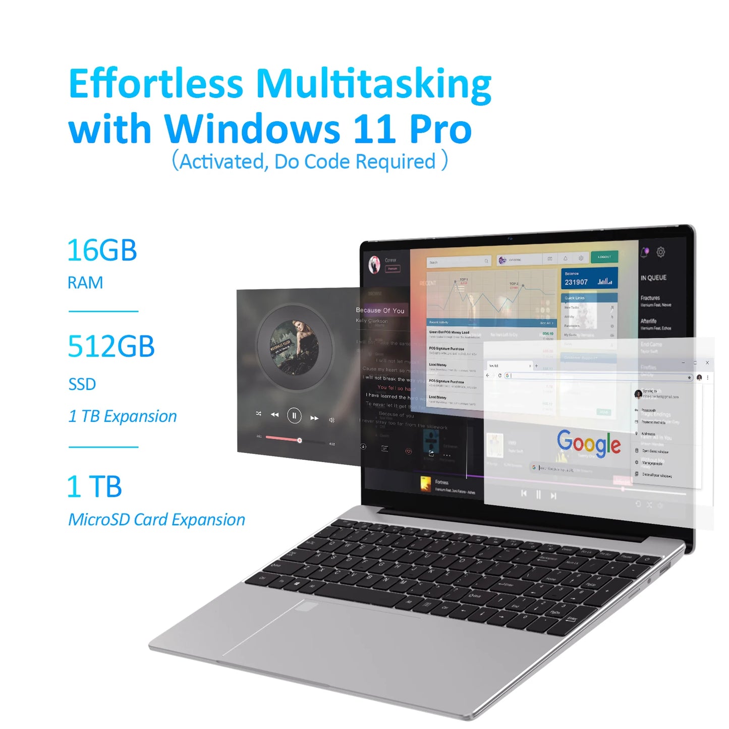 15.6 Inch 16GB Intel Celeron Laptop Windows 11 Notebook