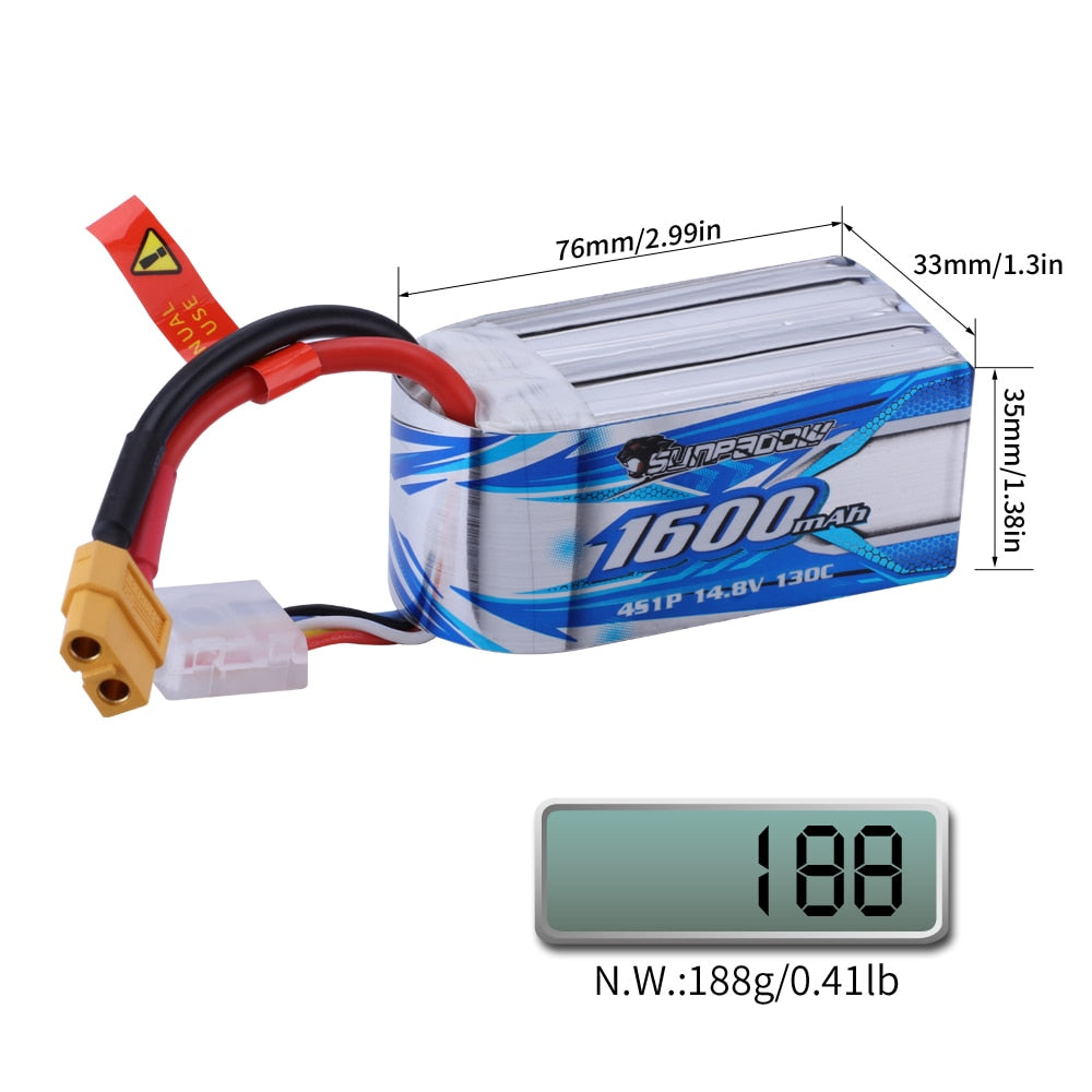 Sunpadow 4S Lipo Battery for 14.8V 1400mAh 1800mAh 130C Soft Pack with XT60 Plug