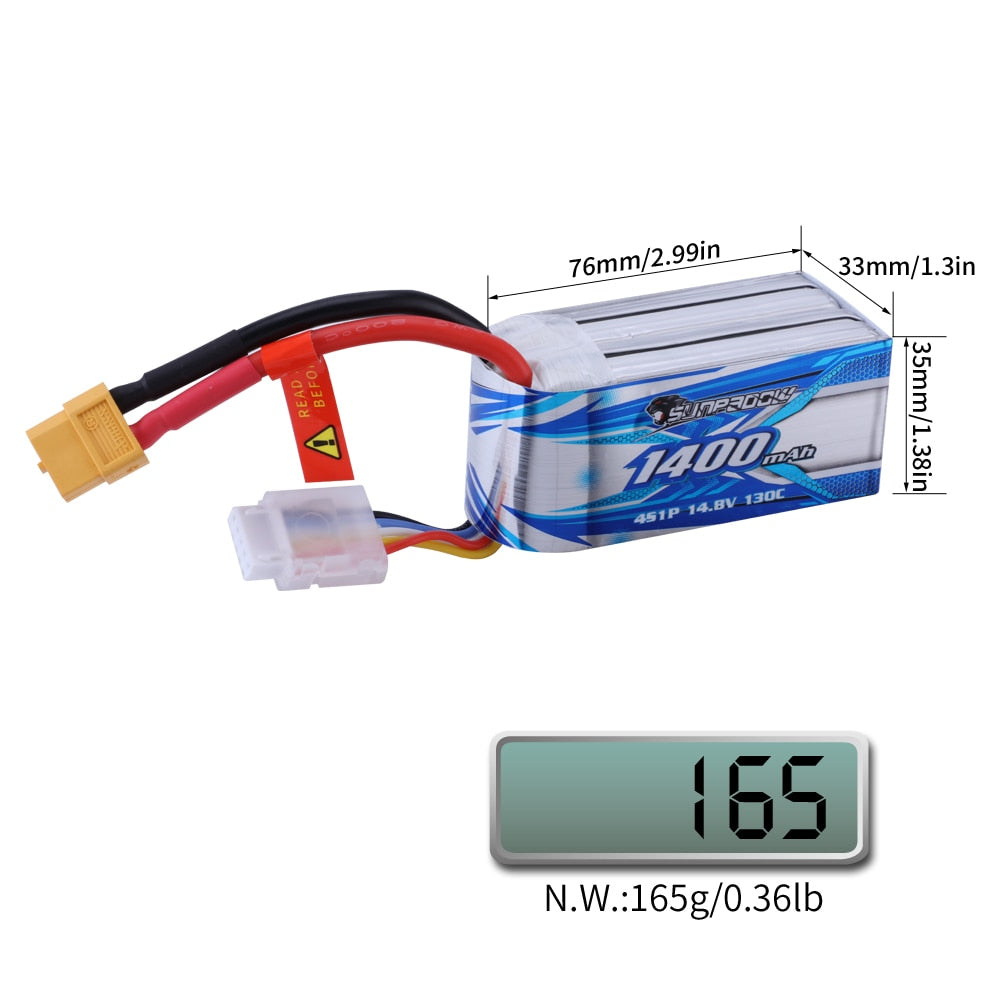 Sunpadow 4S Lipo Battery for 14.8V 1400mAh 1800mAh 130C Soft Pack with XT60 Plug