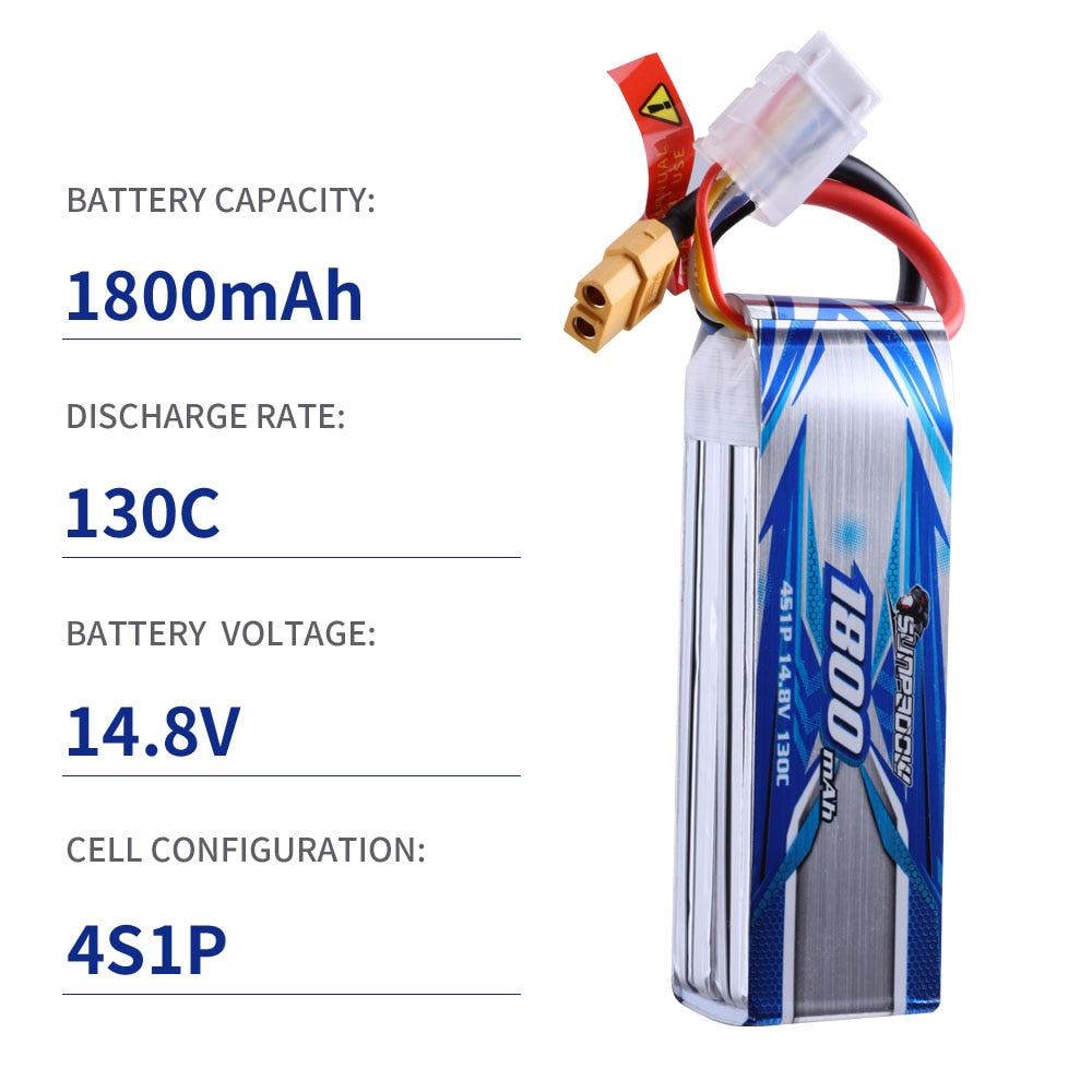 Sunpadow 4S Lipo Battery for 14.8V 1400mAh 1800mAh 130C Soft Pack with XT60 Plug