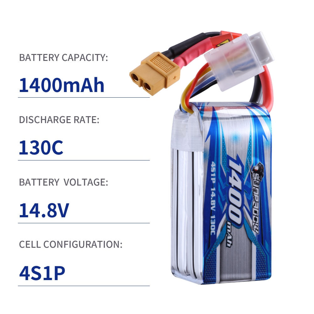Sunpadow 4S Lipo Battery for 14.8V 1400mAh 1800mAh 130C Soft Pack with XT60 Plug