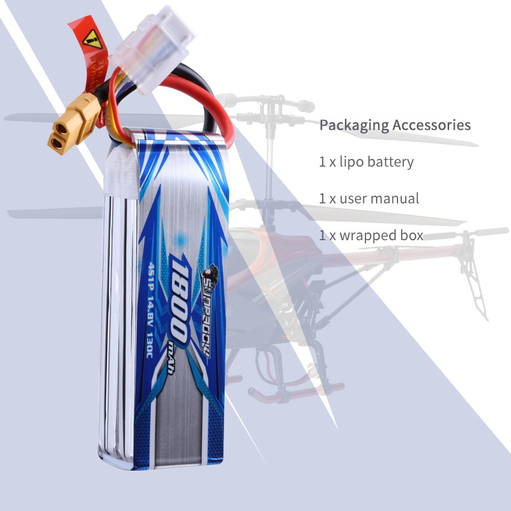Sunpadow 4S Lipo Battery for 14.8V 1400mAh 1800mAh 130C Soft Pack with XT60 Plug