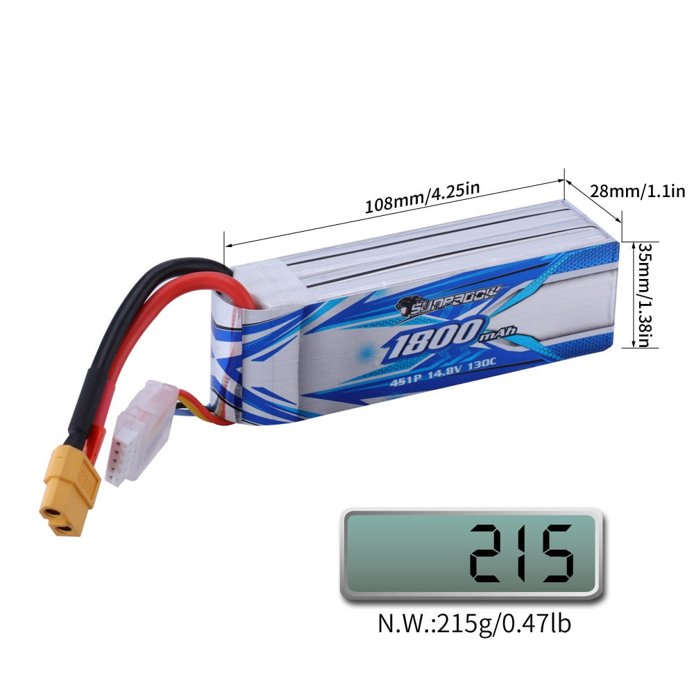 Sunpadow 4S Lipo Battery for 14.8V 1400mAh 1800mAh 130C Soft Pack with XT60 Plug