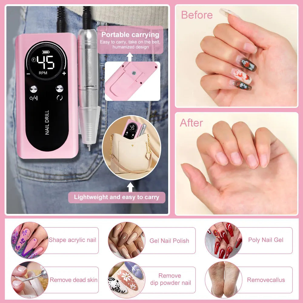 45000RPM Rechargeable Nail Drill Machine with LCD Low Noise Professional Nail Polish Sander Nails Accessories Set