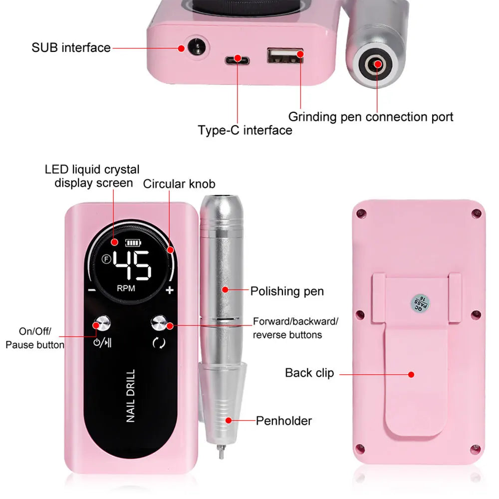 45000RPM Rechargeable Nail Drill Machine with LCD Low Noise Professional Nail Polish Sander Nails Accessories Set