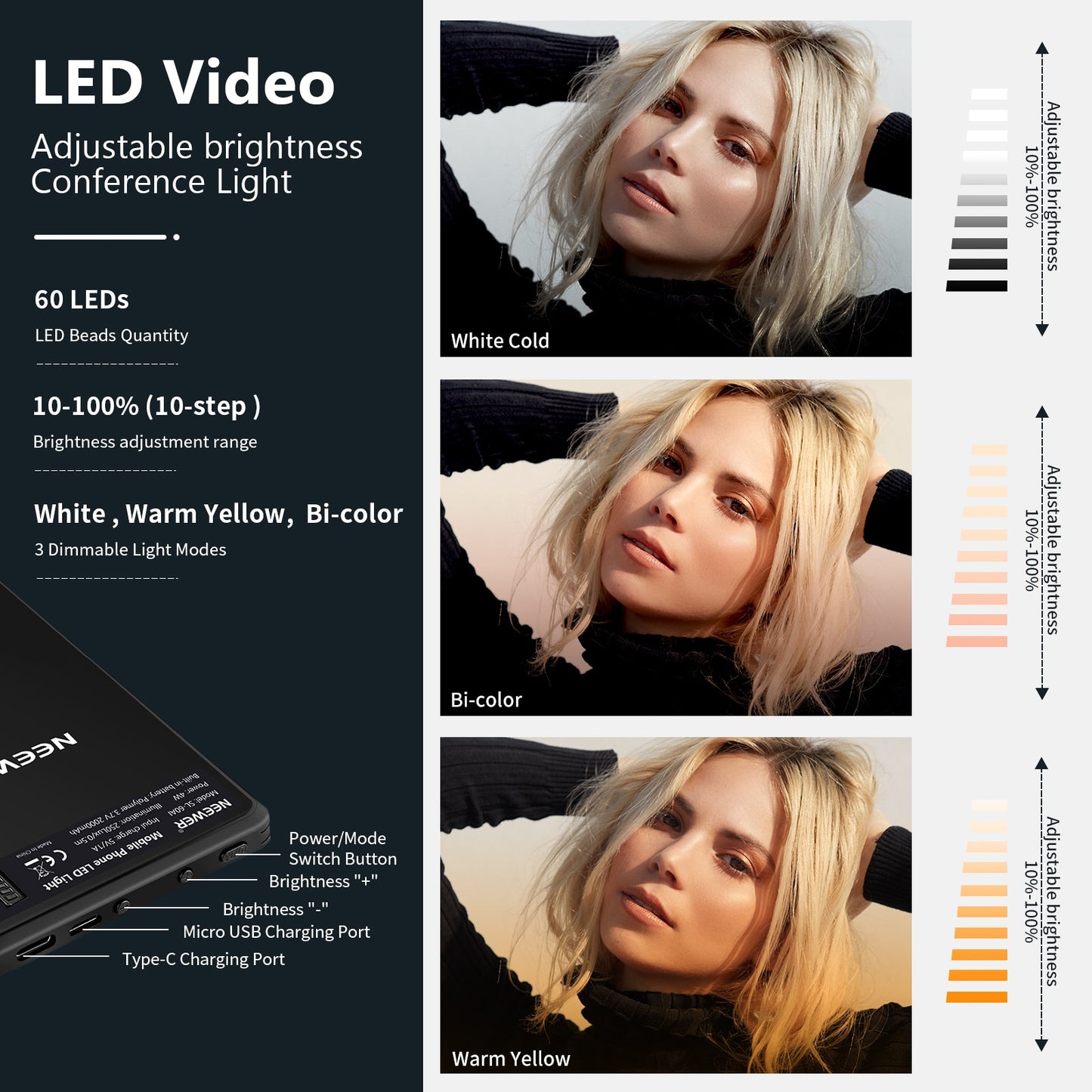60 LED Rechargeable Selfie Light Front / Back Phone Clip