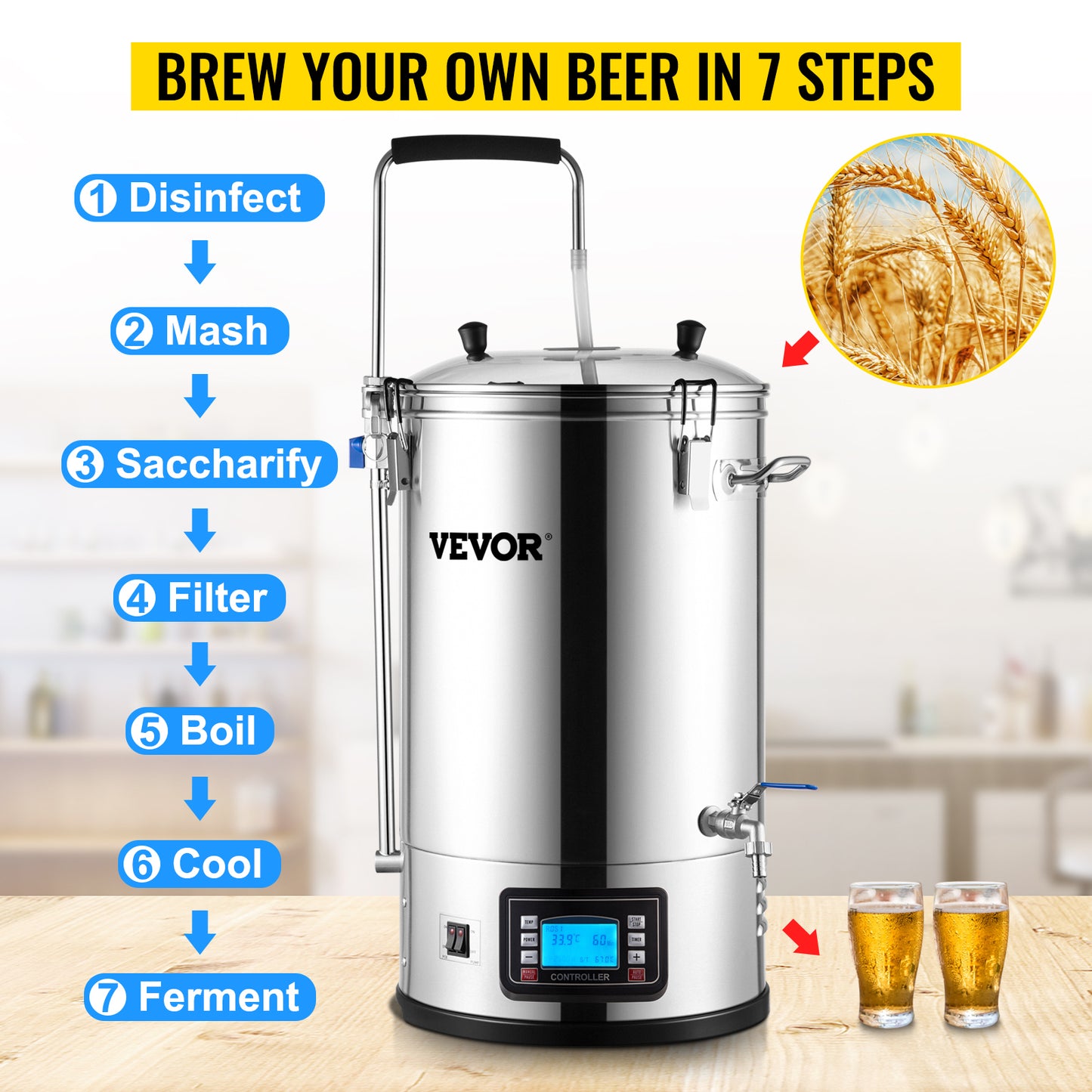 Stainless Steel All-in-One Home Beer Brewer Electric Brewing System with Pump Brewing Beer Equipment Kit