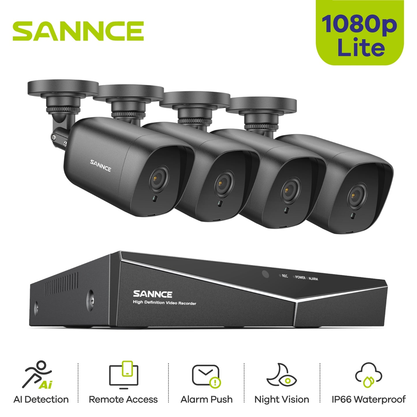 SANNCE 1080P Lite Video Security System 1080N 5IN1 H.264+ 4CH DVR With 2X 4X Outdoor Weatherproof Surveillance Cameras CCTV Kit Media 1 of 16