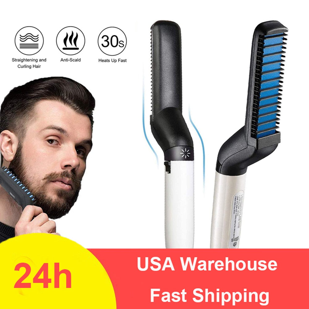 Beard Straightener For Men Heating Comb Hair Straightener Quick Beard Comb Straight Curling Electric Hot Beard Styling Brush