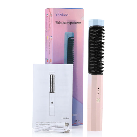 A USB hair straightening brush with a black bristle base and a pink to blue color gradient handle, displayed alongside its packaging and a USB charging cable.