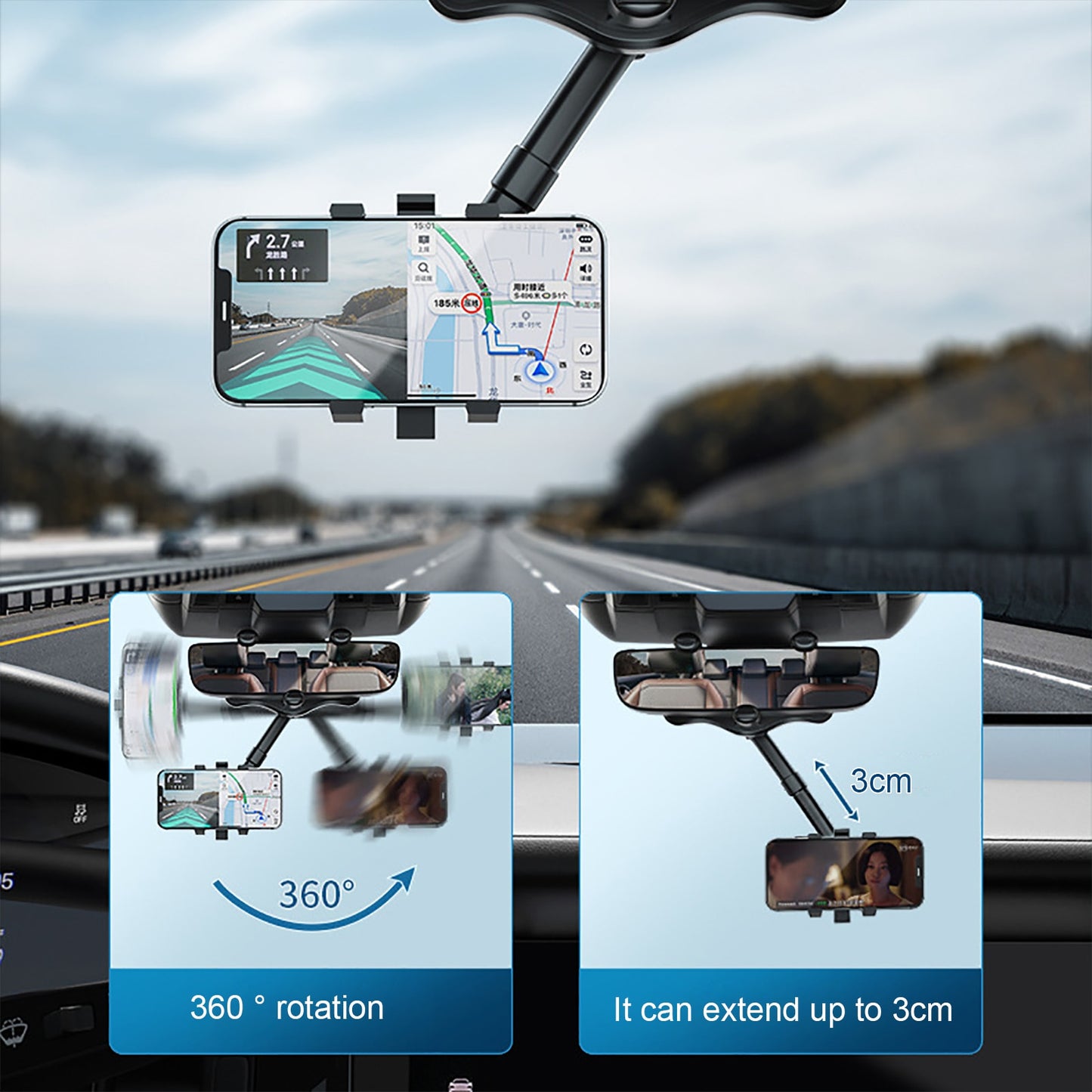   Universal 360 Rotatable Car Phone Holder Rearview Mirror Mount Stand GPS Cell Phone Stand 