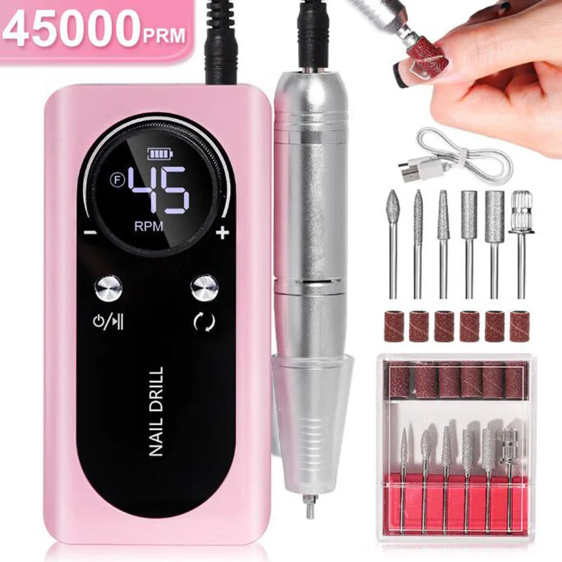 45000RPM Rechargeable Nail Drill Machine with LCD Low Noise Professional Nail Polish Sander Nails Accessories Set