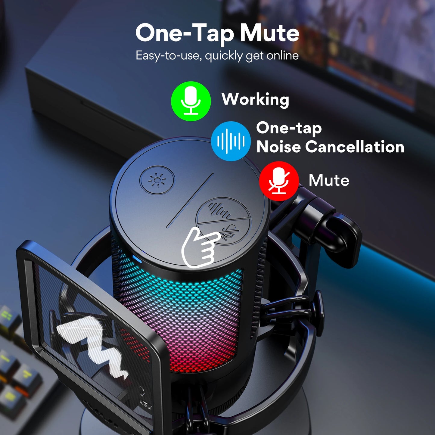 USB Gaming Condenser Mic RGB Mic with Noise reduction