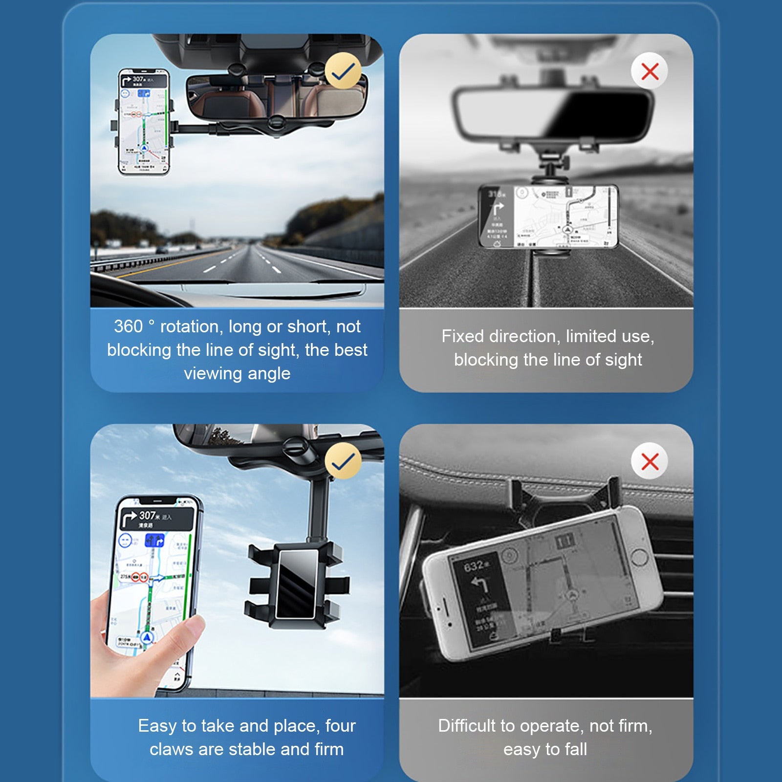   Universal 360 Rotatable Car Phone Holder Rearview Mirror Mount Stand GPS Cell Phone Stand 