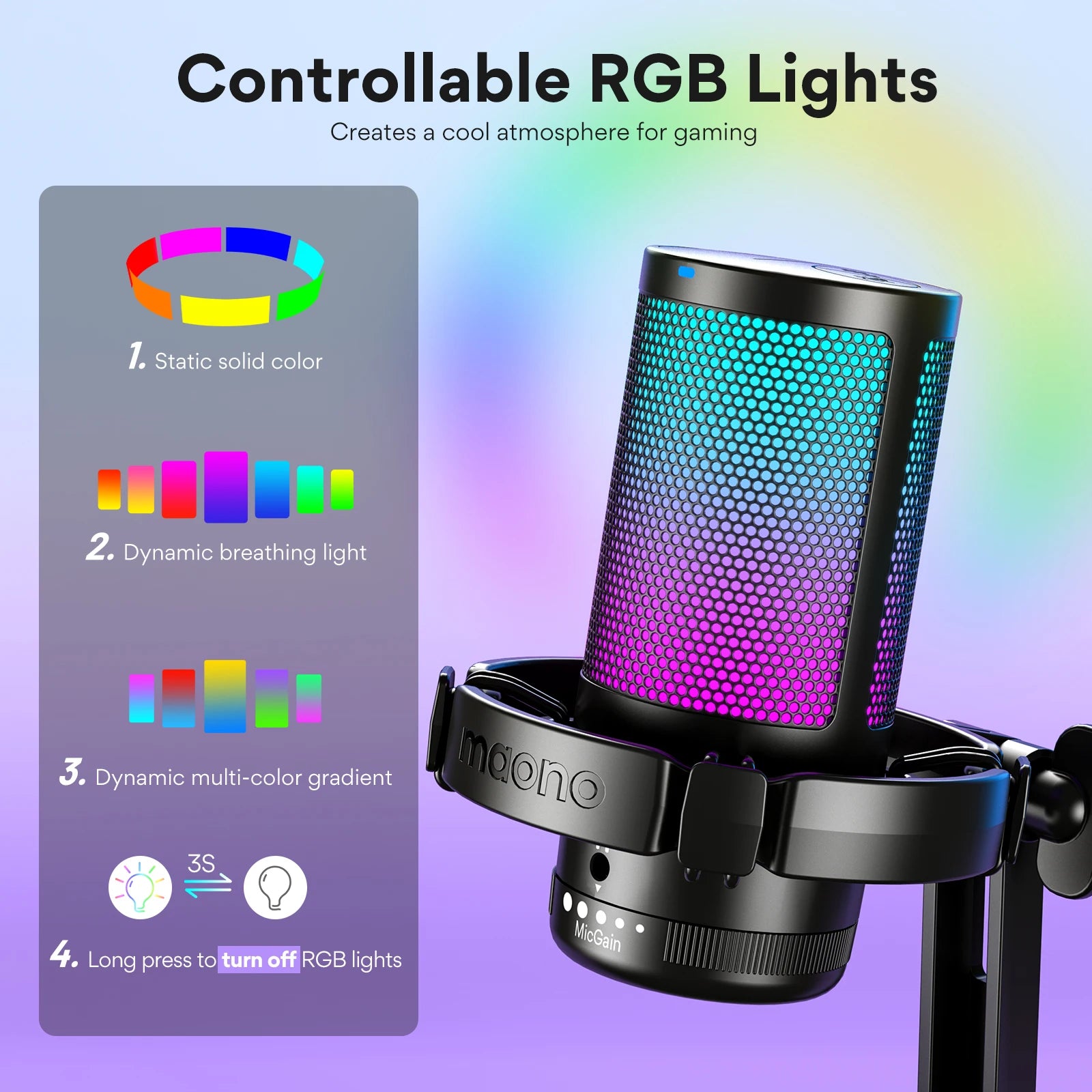 USB Gaming Condenser Mic RGB Mic with Noise reduction