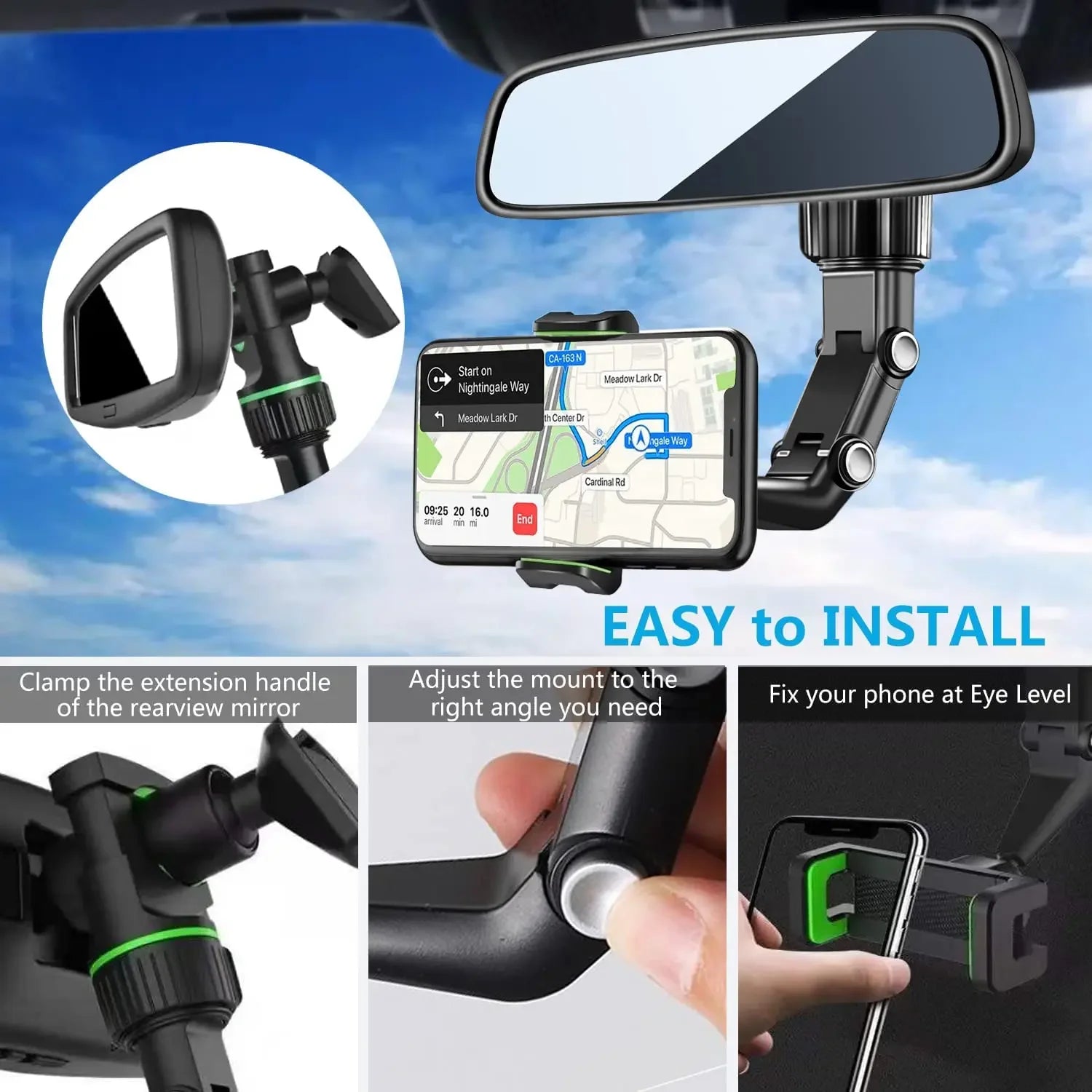 360° Rotating Rearview Mirror Phone Holder for Car