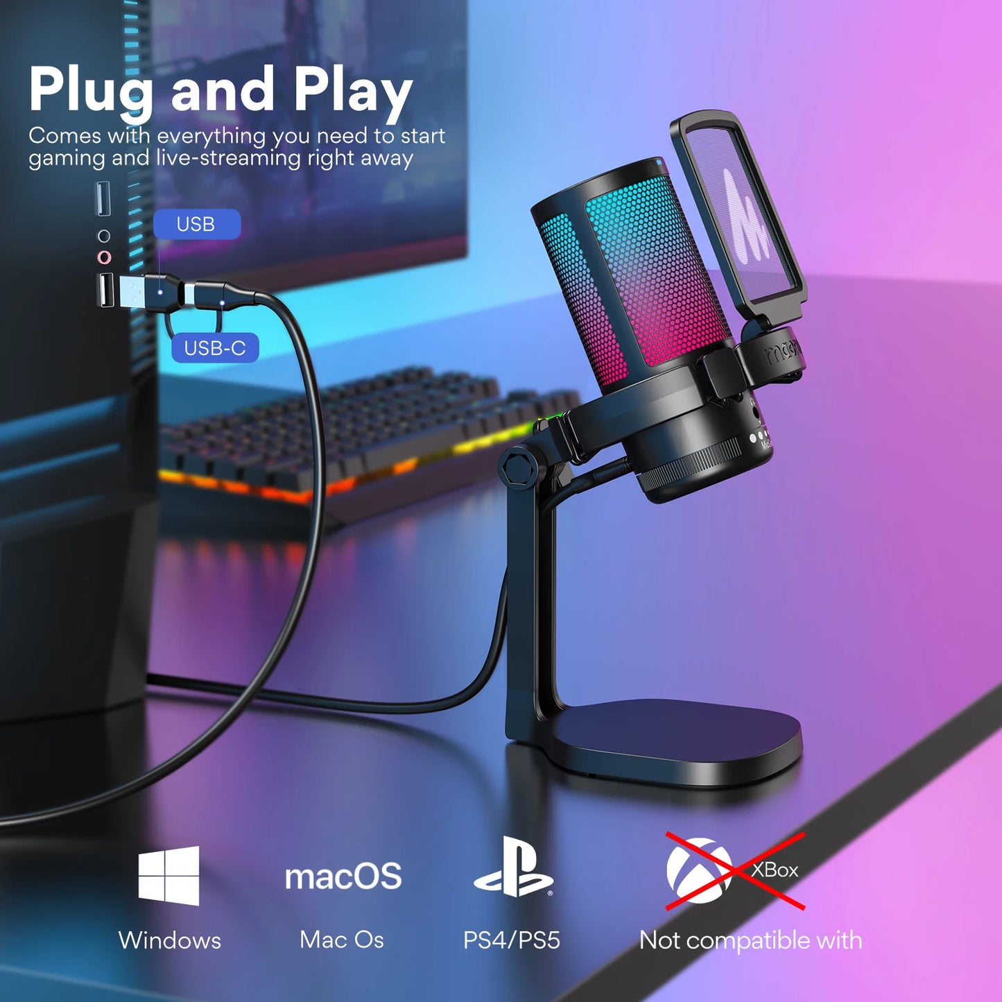 USB Gaming Condenser Mic RGB Mic with Noise reduction