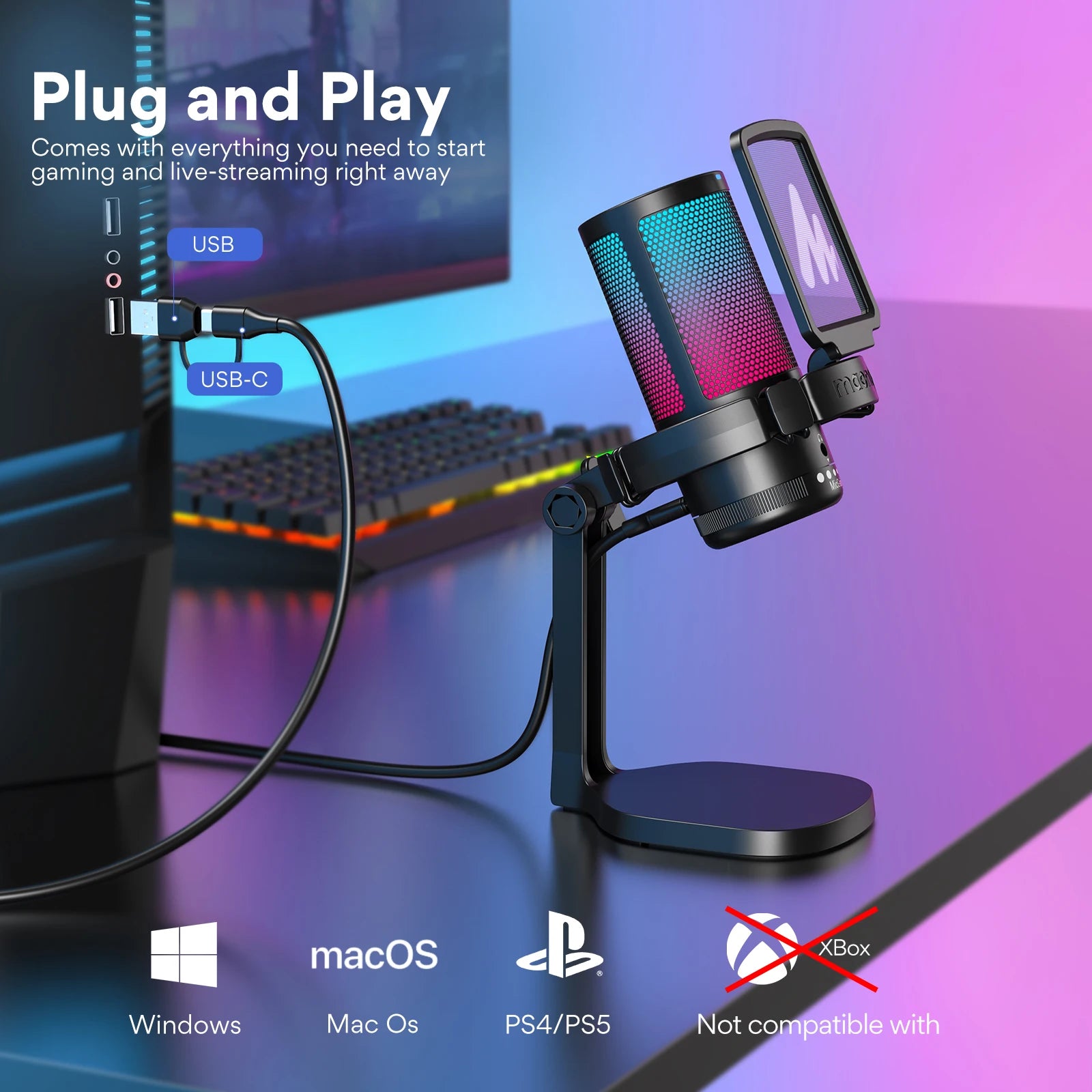 USB Gaming Condenser Mic RGB Mic with Noise reduction