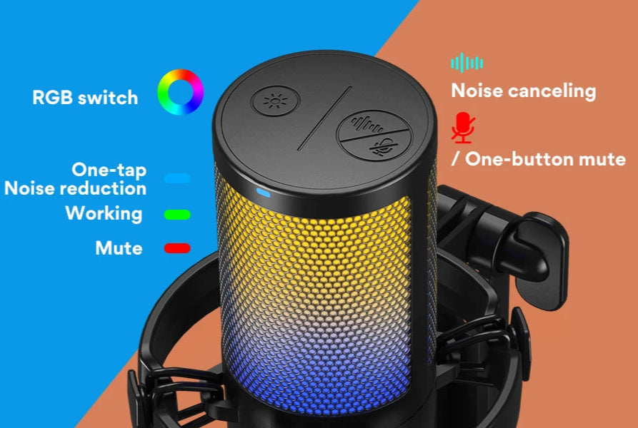 USB Gaming Condenser Mic RGB Mic with Noise reduction