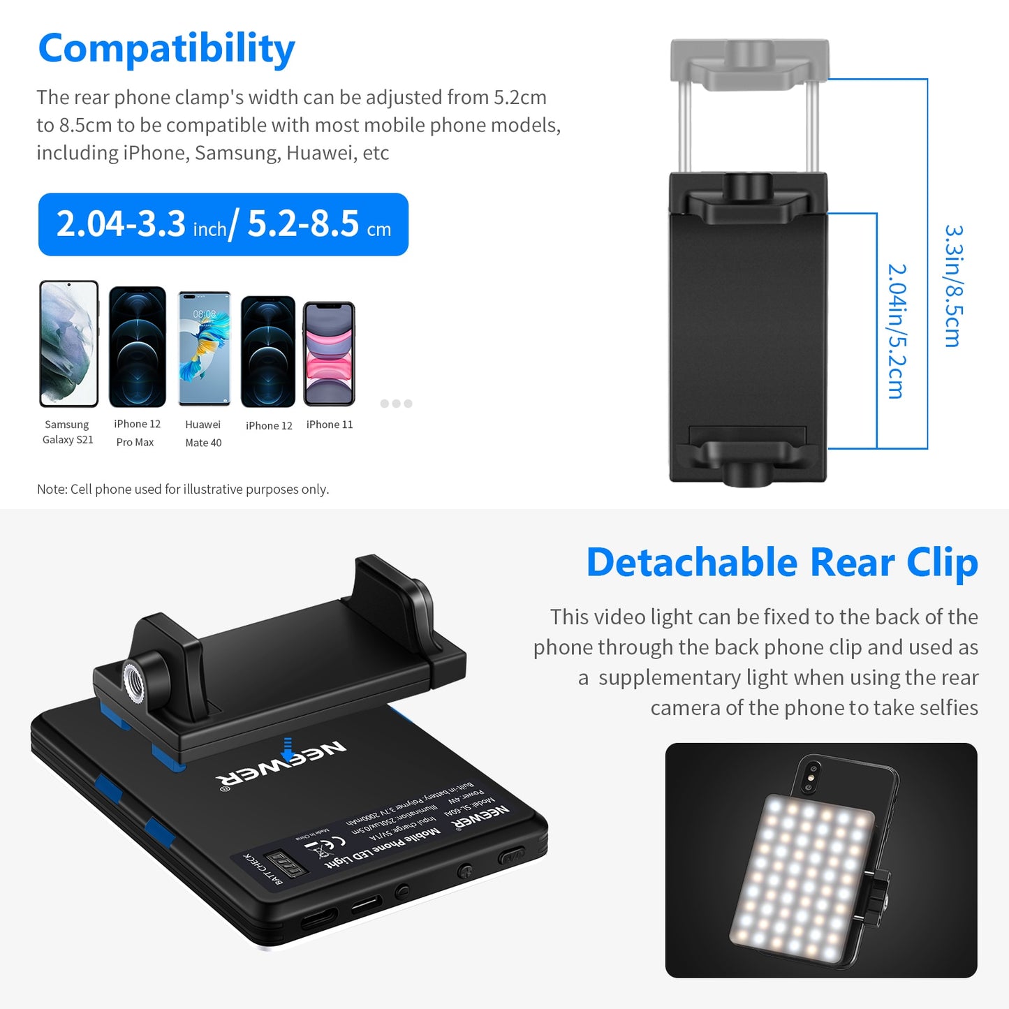 60 LED Rechargeable Selfie Light Front / Back Phone Clip