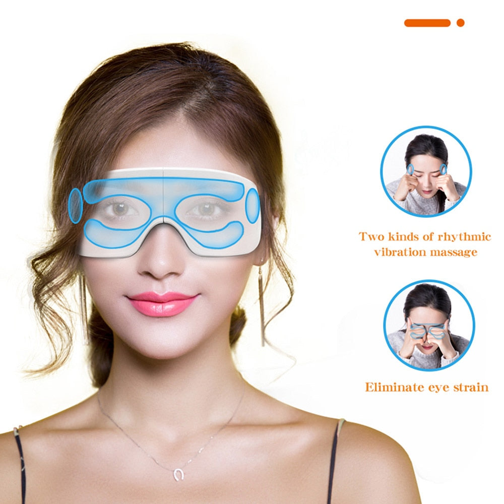 A promotional image featuring a woman wearing blue-colored eye massaging goggles with a smartphone screen showing the device's control features. The woman is smiling and appears to be using the eye massager for relaxation.