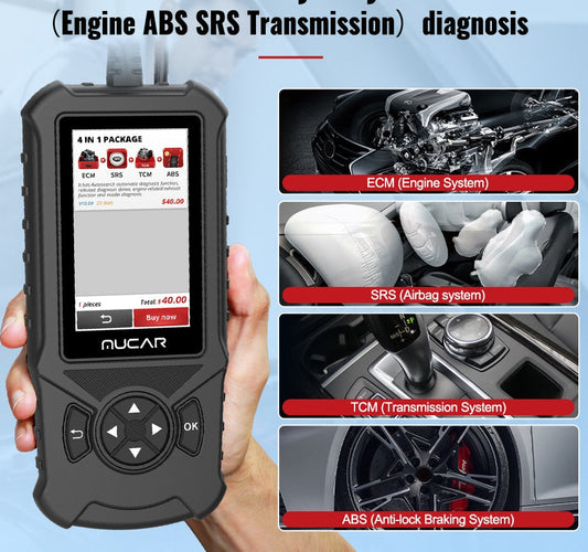 An OBD2 car diagnostic scanner with a touchscreen display, showing various features such as engine diagnostics, ECM/ABS/CMC/TCM transmission, and ABS lock/break systems. The device is held in a hand with a background showing a car interior.