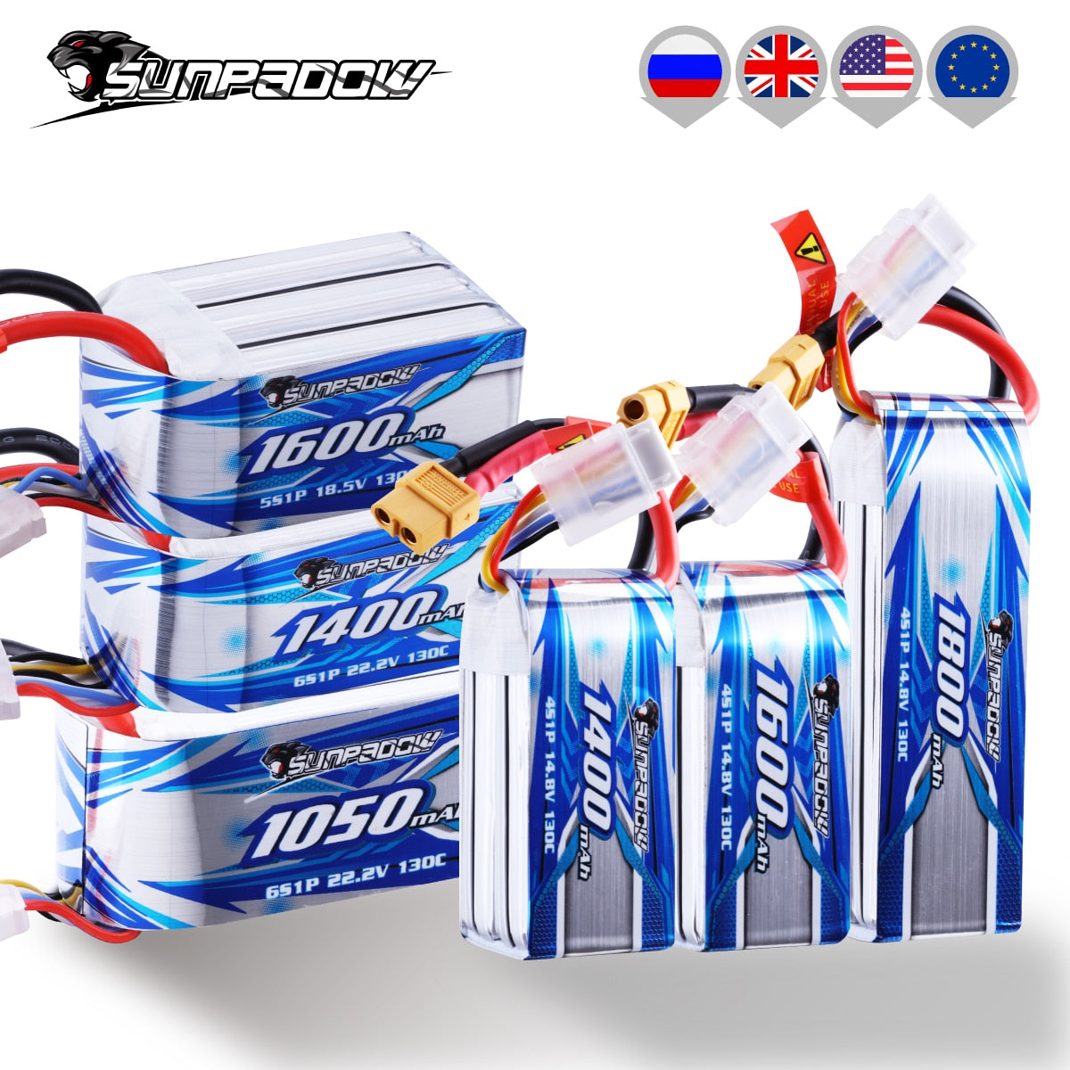 A set of Sunpadow 4S Lipo Batteries with XT60 plugs, arranged in parallel with attached wires, designed for use in remote control vehicles.